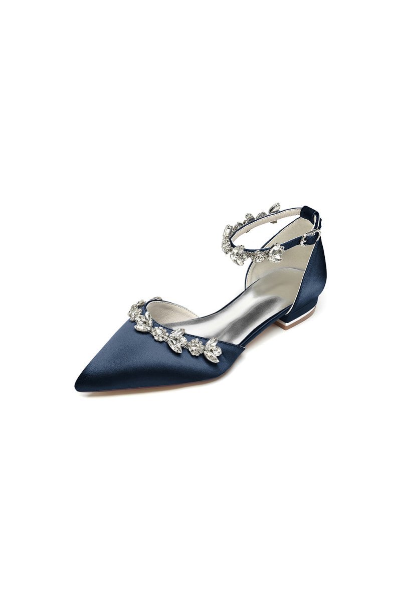 Pointed Toe Rhinestone Beaded Ankle Strap Kitten Heels - BOLODOO