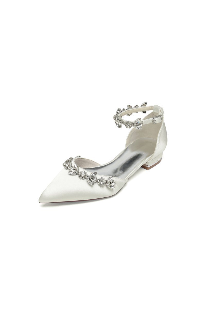 Pointed Toe Rhinestone Beaded Ankle Strap Kitten Heels - BOLODOO