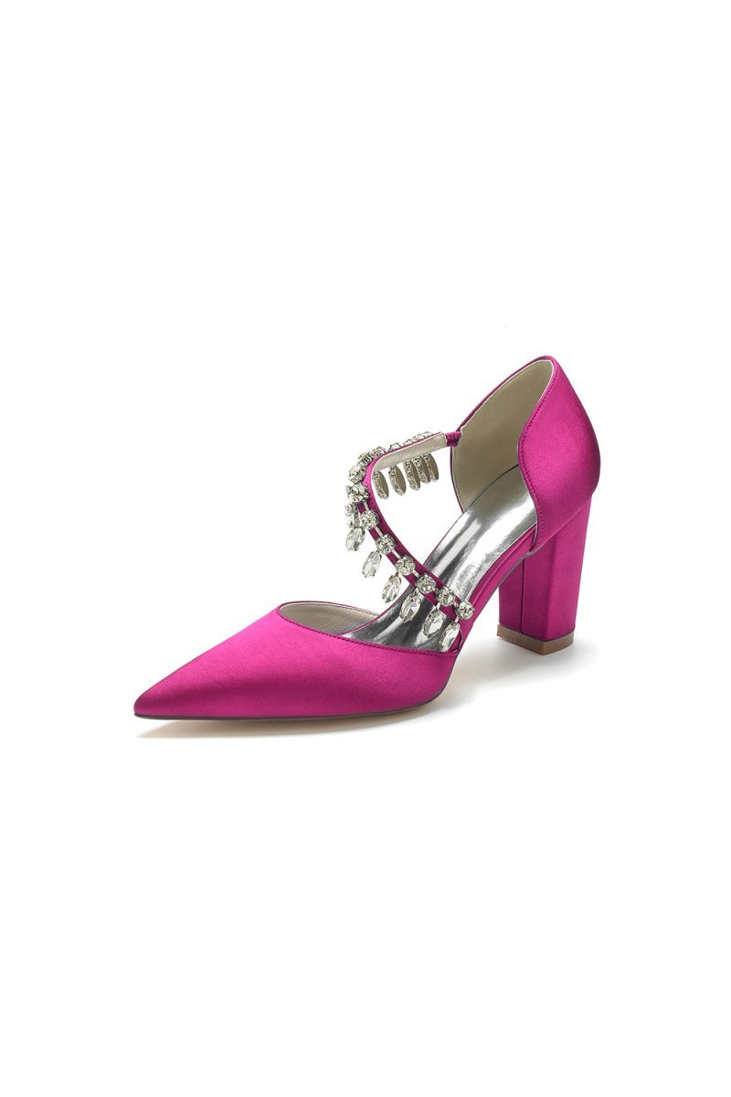 Pointed Toe Rhinestone Tassel Strappy Chunky Heels - BOLODOO