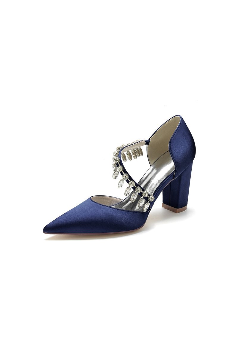 Pointed Toe Rhinestone Tassel Strappy Chunky Heels - BOLODOO