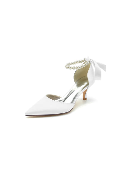 Pointed Toe Ribbons Faux Pearl Pumps - BOLODOO