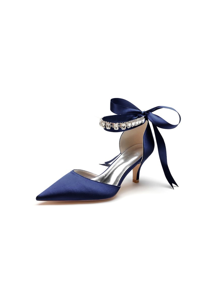Pointed Toe Ribbons Kitten Heels With Diamond - BOLODOO