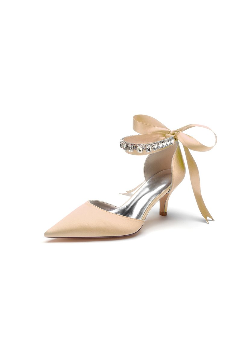 Pointed Toe Ribbons Kitten Heels With Diamond - BOLODOO