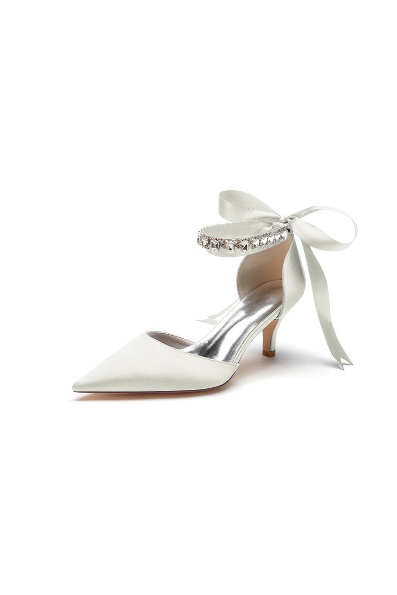 Pointed Toe Ribbons Kitten Heels With Diamond - BOLODOO