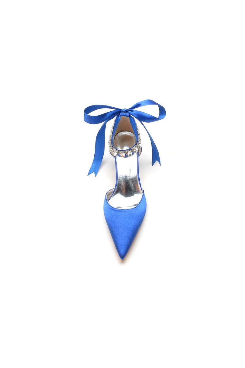 Pointed Toe Ribbons Kitten Heels With Diamond