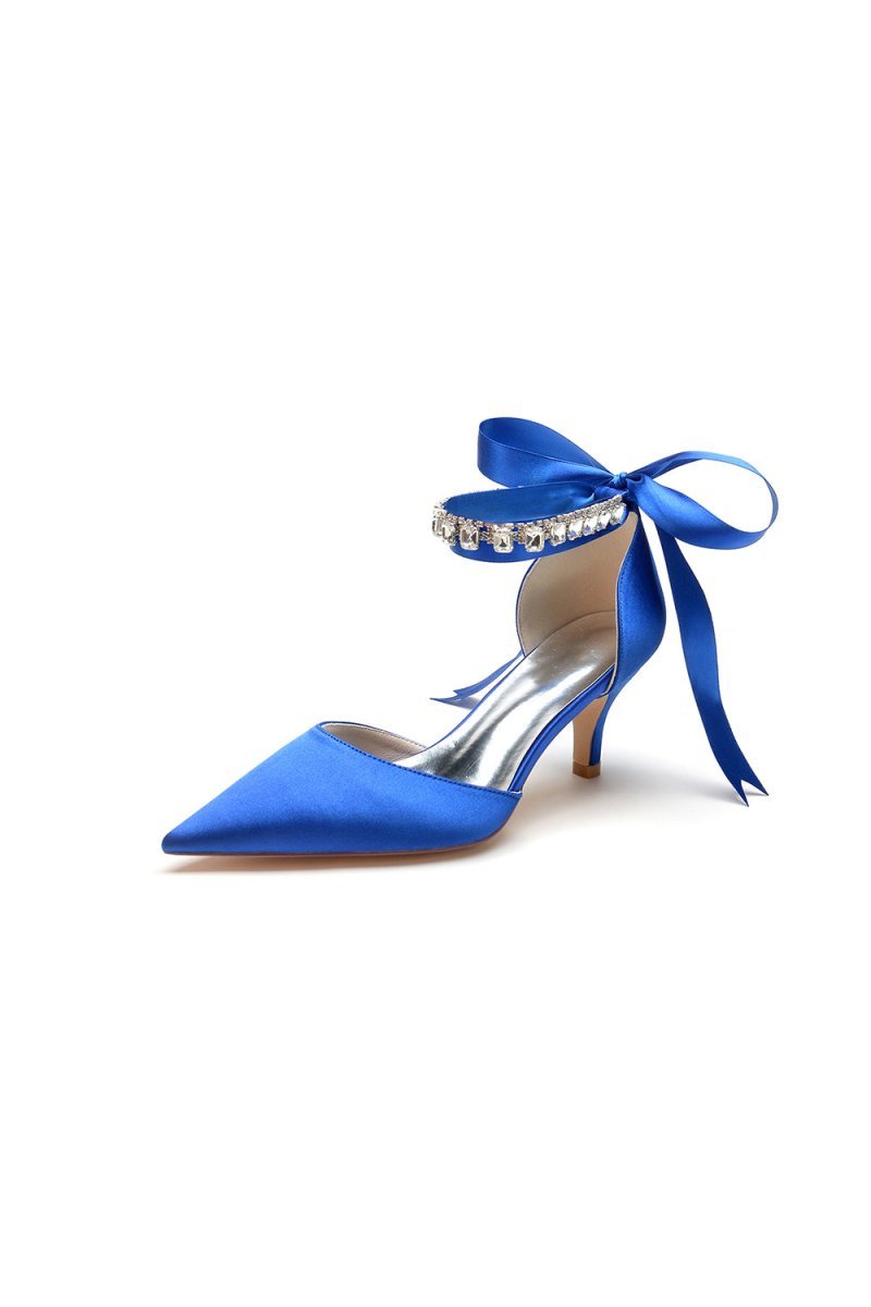 Pointed Toe Ribbons Kitten Heels With Diamond - BOLODOO