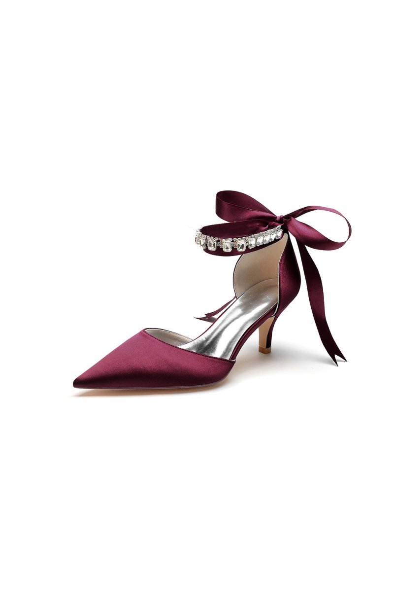 Pointed Toe Ribbons Kitten Heels With Diamond - BOLODOO