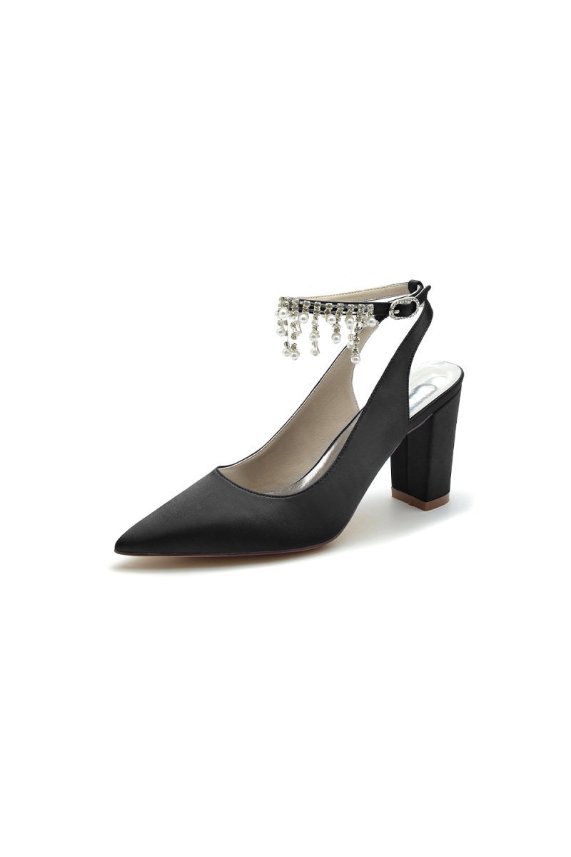 Pointed Toe Satin Chunky Heels With Pearl Tassel - BOLODOO
