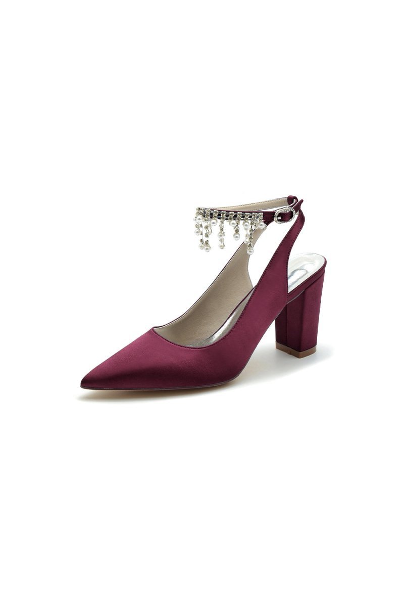 Pointed Toe Satin Chunky Heels With Pearl Tassel - BOLODOO