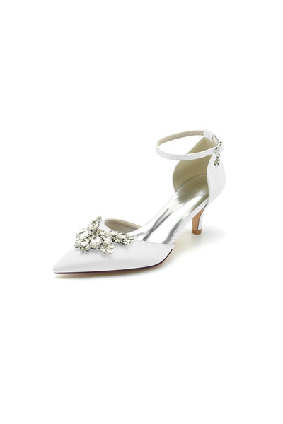 Pointed Toe Satin Kitten Heels With Rhinestone - BOLODOO