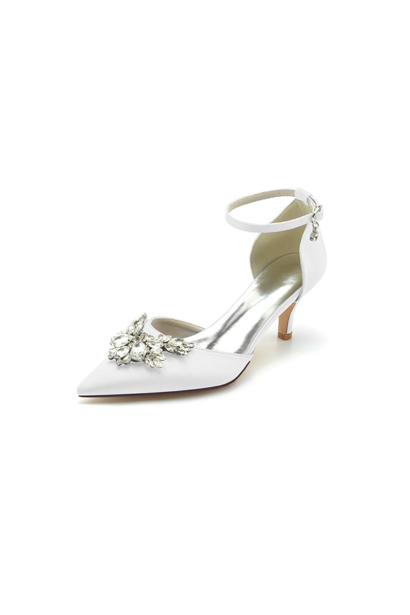 Pointed Toe Satin Kitten Heels With Rhinestone - BOLODOO