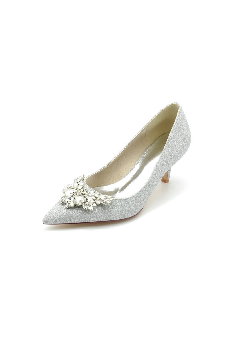 Pointed Toe Silver Wedding Shoes with Rhinestone - BOLODOO