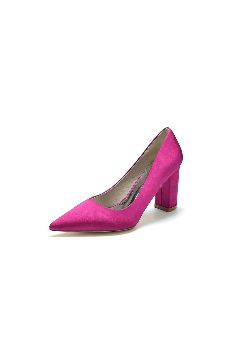 Pointed Toe Slip - on Satin Chunky Heels - BOLODOO