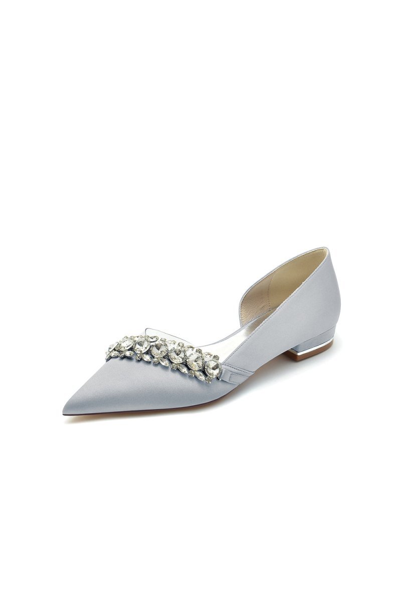 Pointed Toe Slip - on Satin Low Heels With Rhinestone - BOLODOO
