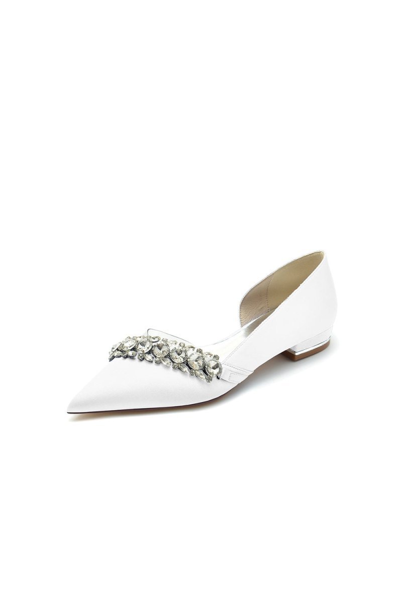 Pointed Toe Slip - on Satin Low Heels With Rhinestone - BOLODOO