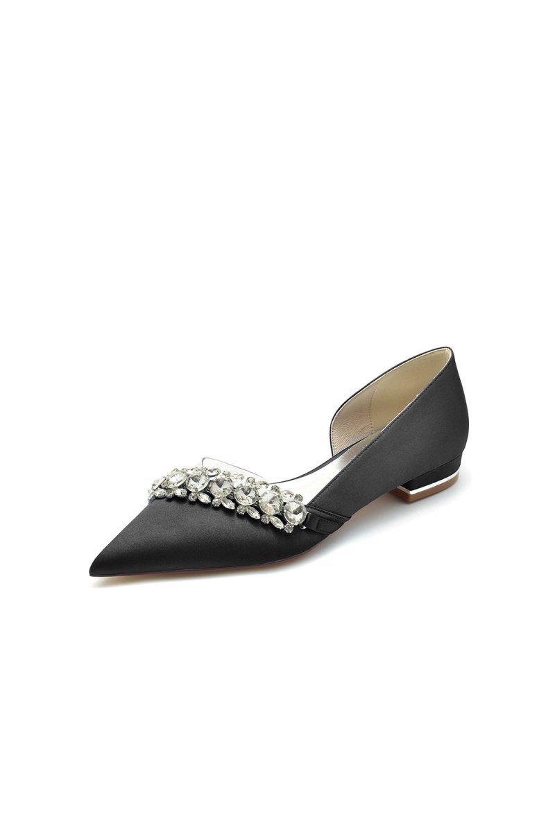 Pointed Toe Slip - on Satin Low Heels With Rhinestone - BOLODOO