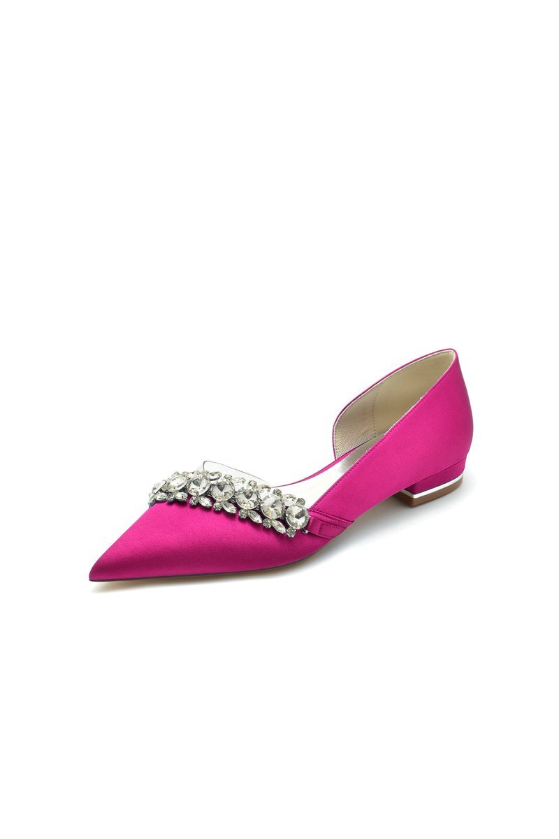 Pointed Toe Slip - on Satin Low Heels With Rhinestone - BOLODOO