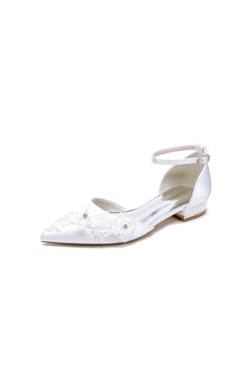 Pointed Toe White Ankle Strap Low Heels with Lace - BOLODOO