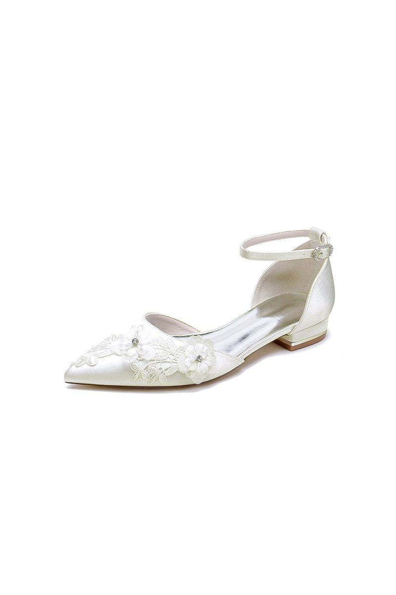 Pointed Toe White Ankle Strap Low Heels with Lace - BOLODOO