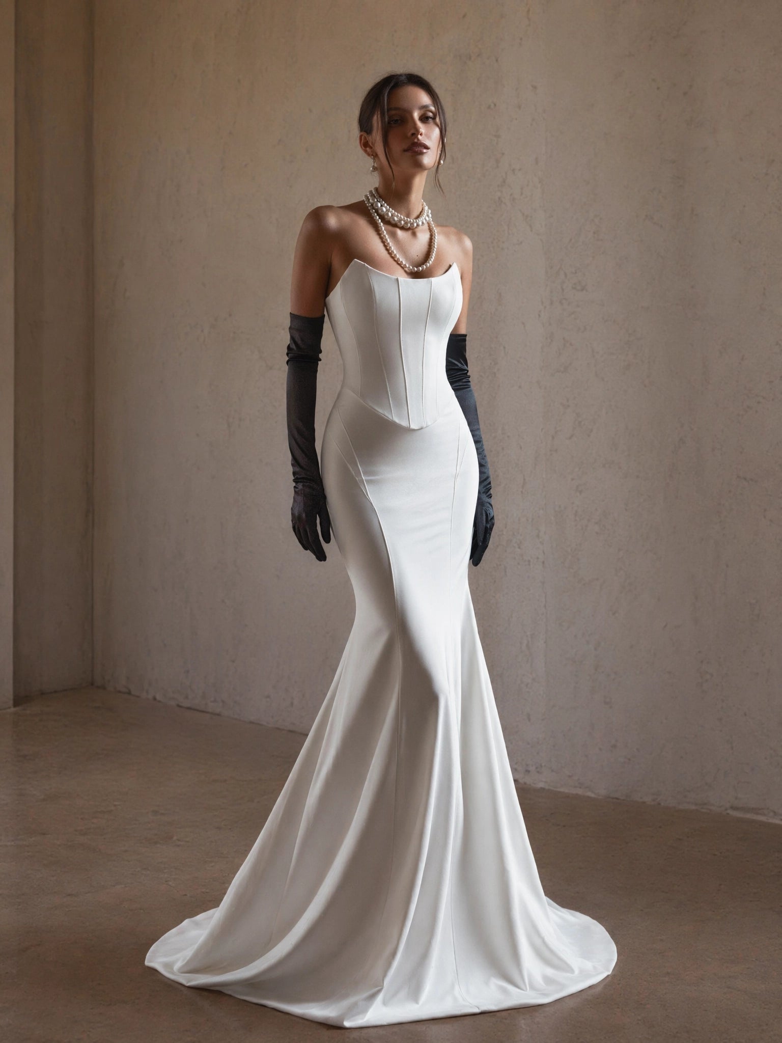BOLODOO White Strapless Straight Neck Boned Corset Satin Mermaid Wedding Gown - full front view with black gloves and pearl necklace