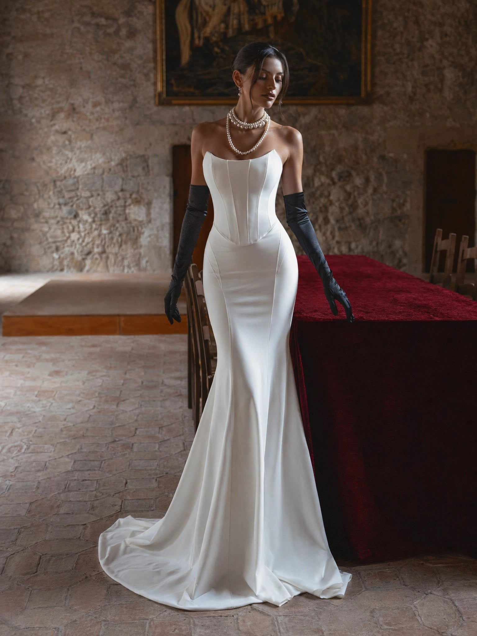 BOLODOO White Strapless Straight Neck Boned Corset Satin Mermaid Wedding Gown - front view 2 with train and black gloves