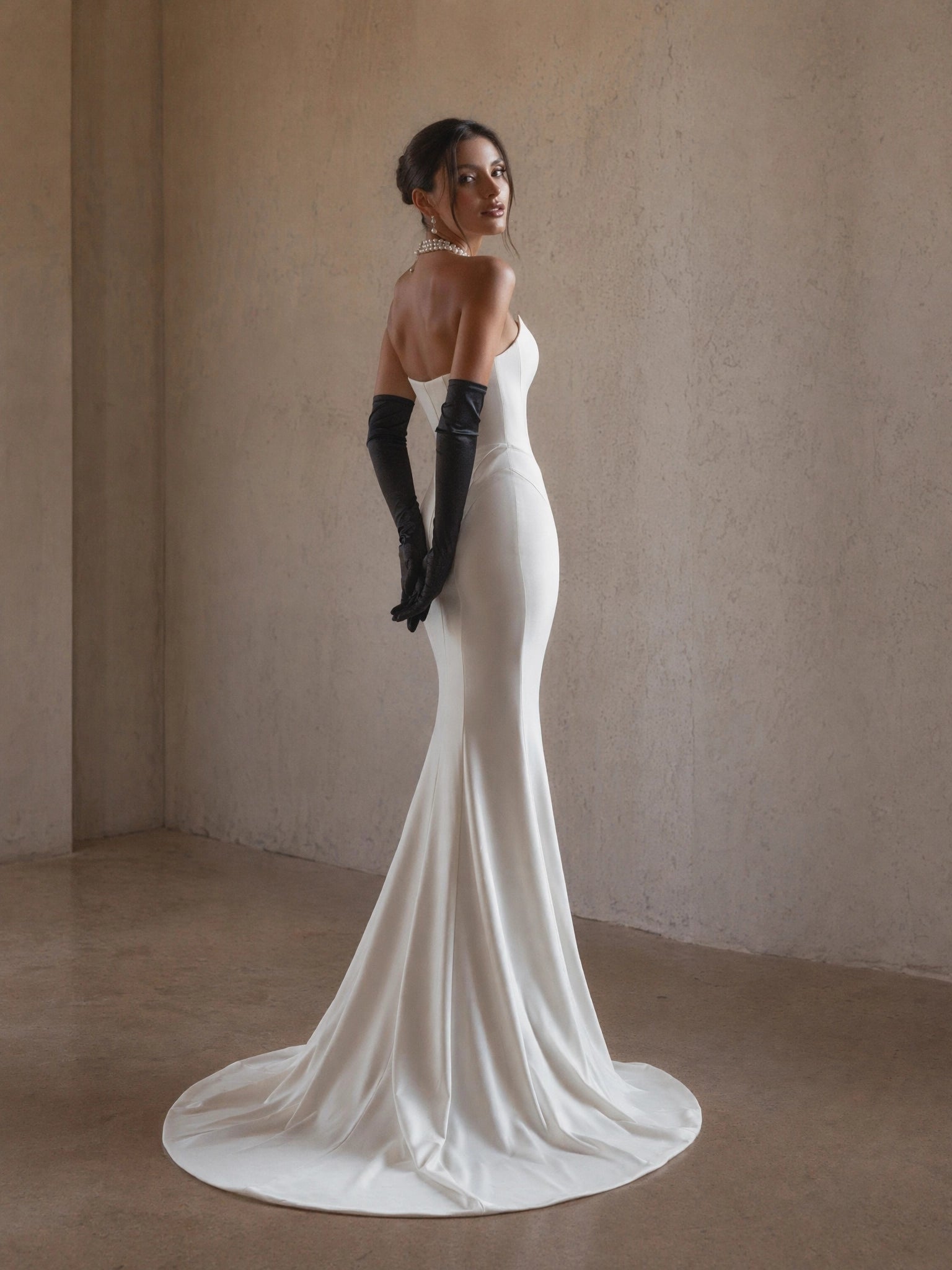 BOLODOO White Strapless Straight Neck Boned Corset Satin Mermaid Wedding Gown - back view fully open back with sweep train