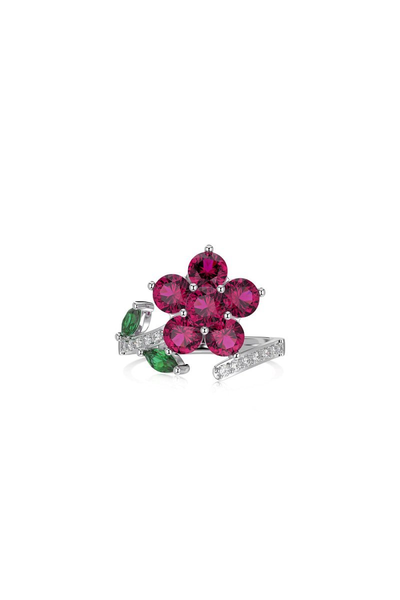 Red Flower Green Leaves Silver Wrap Ring - BOLODOO
