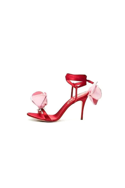 Red Flower Lace Up High Heel Sandals - BOLODOO