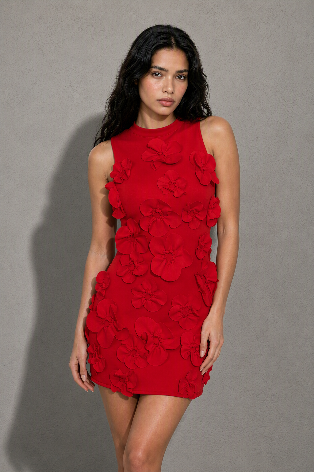 BOLODOO red Mock Neck Sleeveless 3D Floral Appliqué Mini Dress with Bow Tie Open Back - red