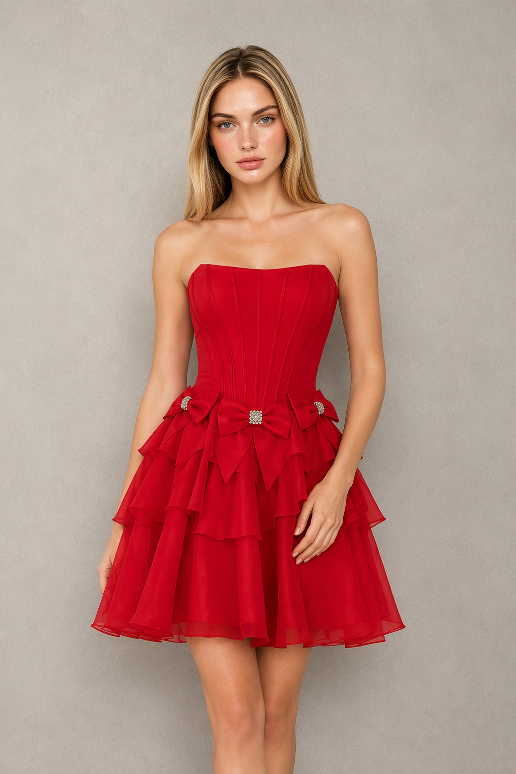 BOLODOO red Organza Bow Corset Strapless Tiered Ruffle Mini Dress – Prom, Homecoming & Cocktail Party Dress - red