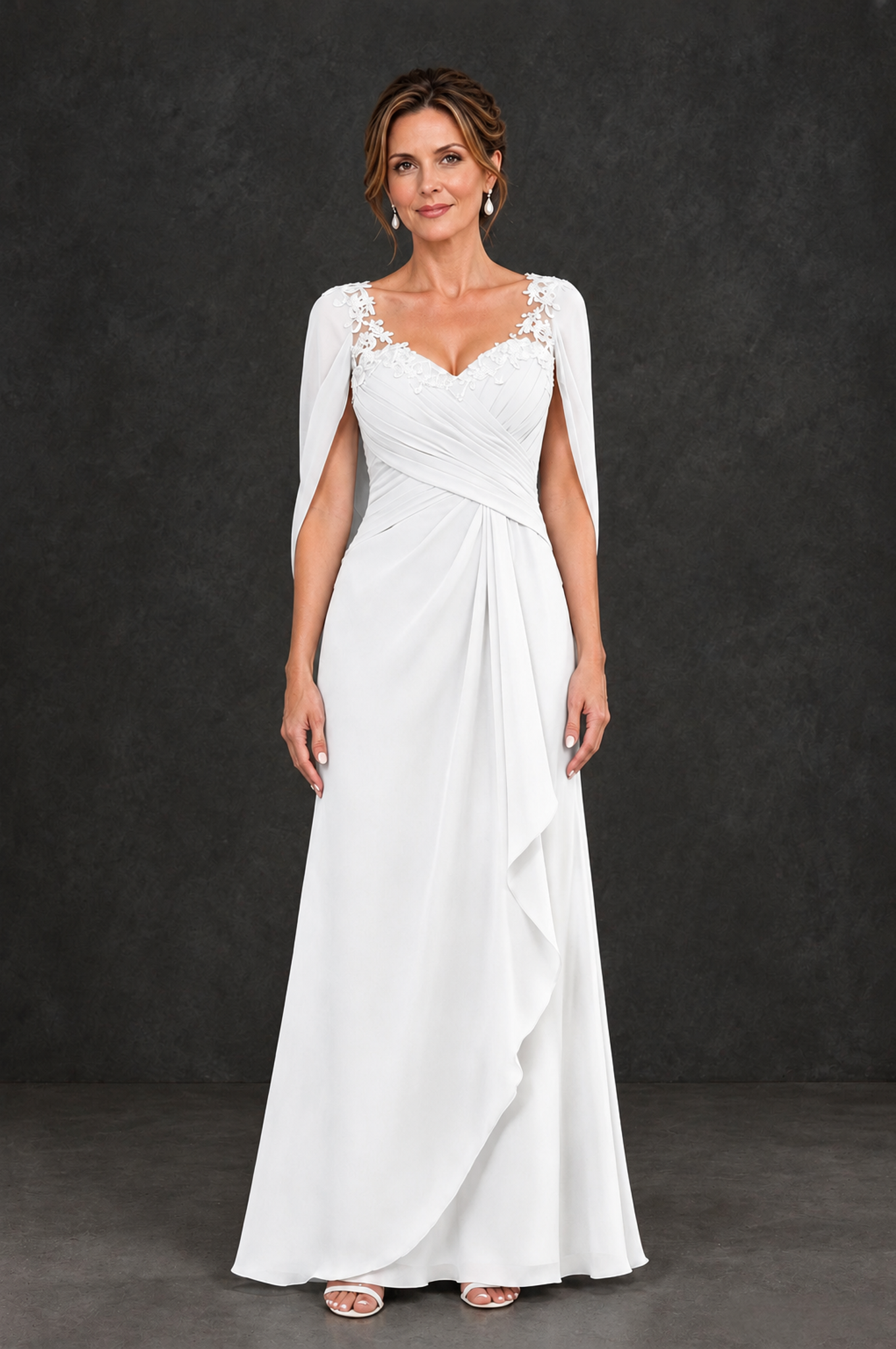 White Chiffon Maxi Dress | Lace Cape Sleeve Evening Gown - BOLODOO