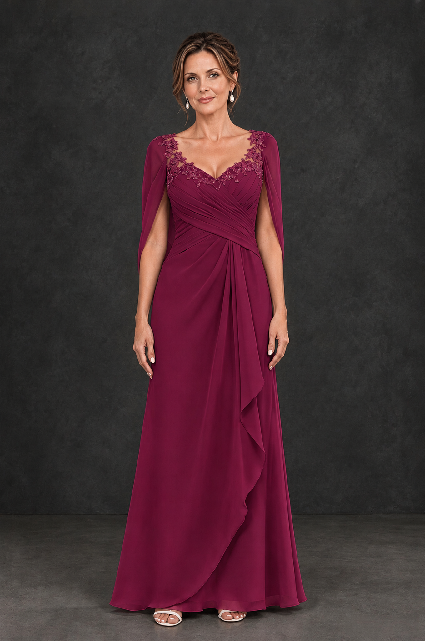 Desert Rose Chiffon Maxi Dress | Lace Cape Sleeve Evening Gown - BOLODOO