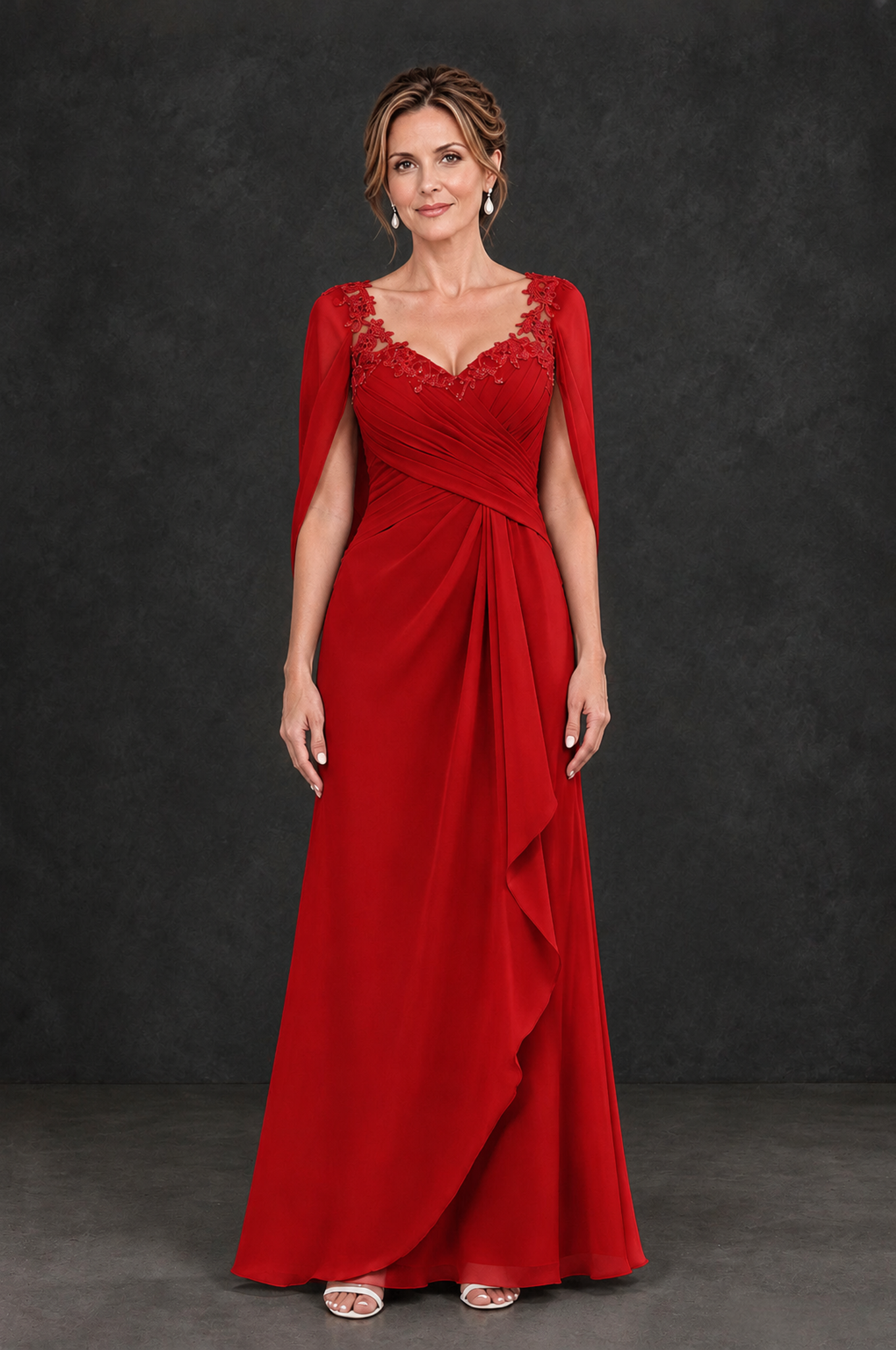 Red Chiffon Maxi Dress | Lace Cape Sleeve Evening Gown - BOLODOO