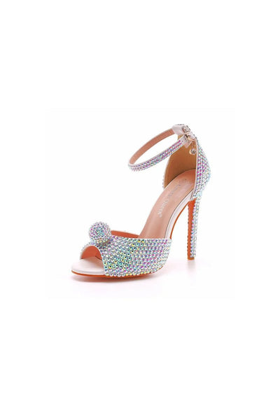 Rhinestone Embellished Open Toe Ankle Strap Stiletto Heels - BOLODOO