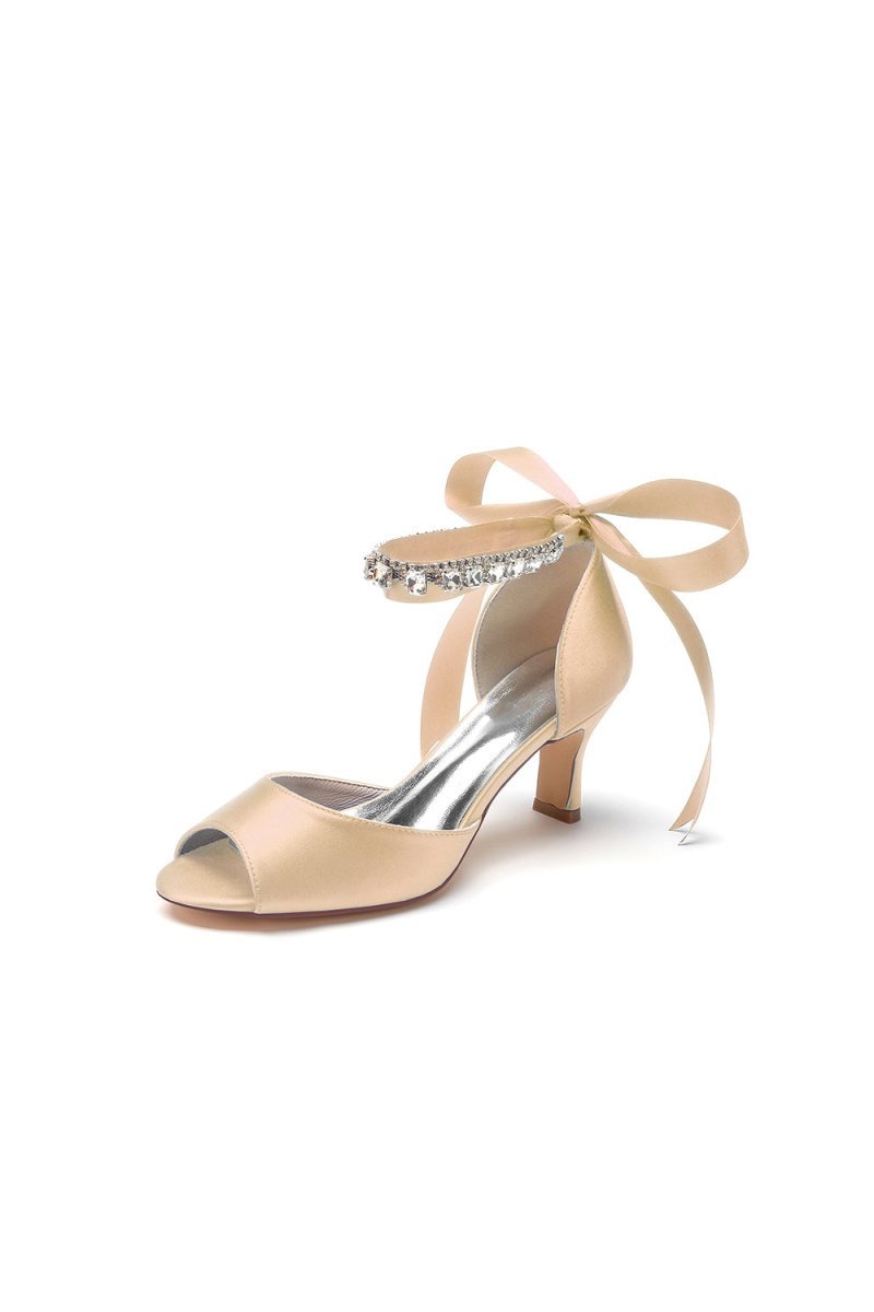 Rhinestone Peep Toe Chunky Heels with Ankle Strap - BOLODOO