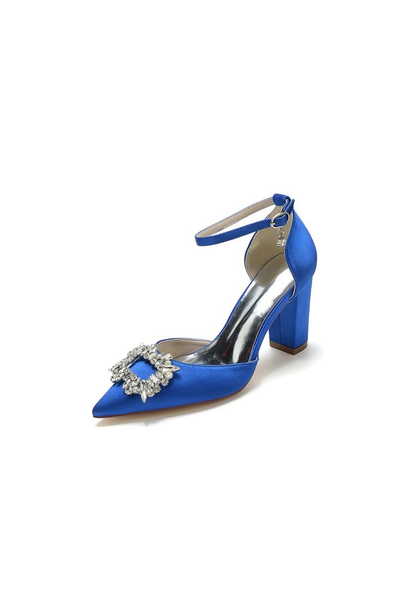 Rhinestone Pointed Toe Ankle Strap Buckle Chunky Heel - BOLODOO