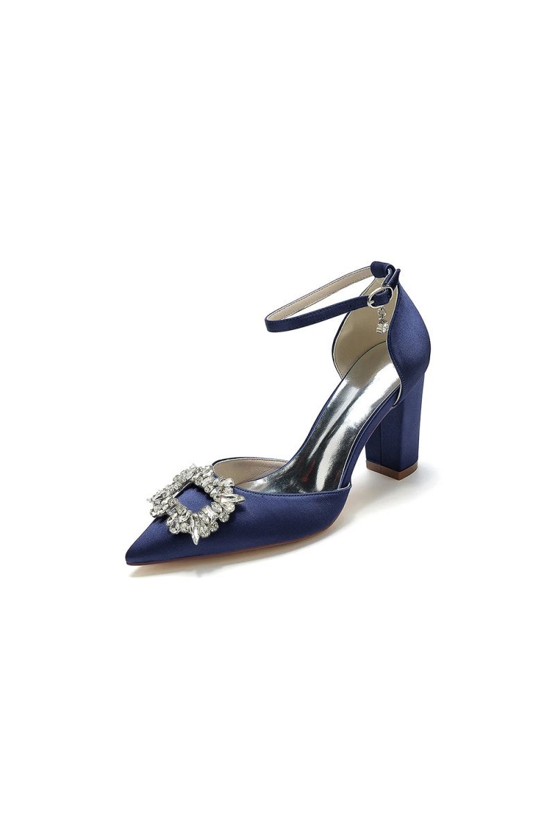 Rhinestone Pointed Toe Ankle Strap Buckle Chunky Heel - BOLODOO