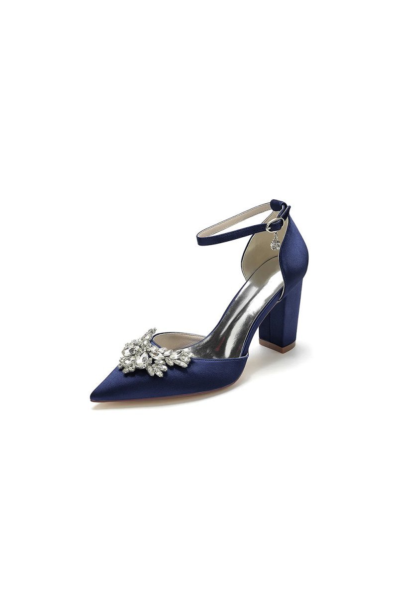 Rhinestone Pointed Toe Ankle Strap Satin Chunky Heel - BOLODOO