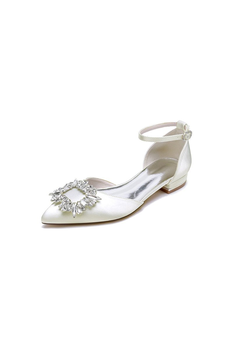 Rhinestone Pointed Toe Ankle Strap Satin Kitten Heels - BOLODOO