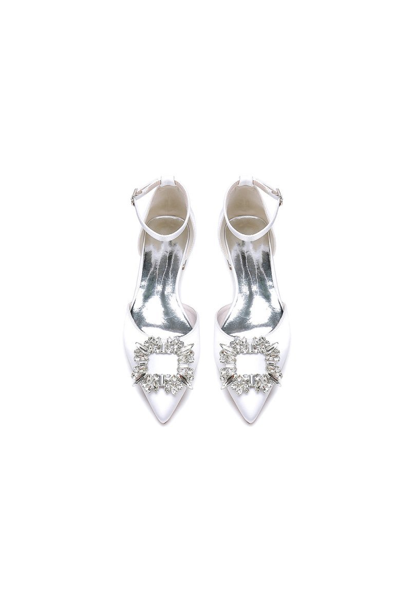 Rhinestone Pointed Toe Ankle Strap Satin Kitten Heels