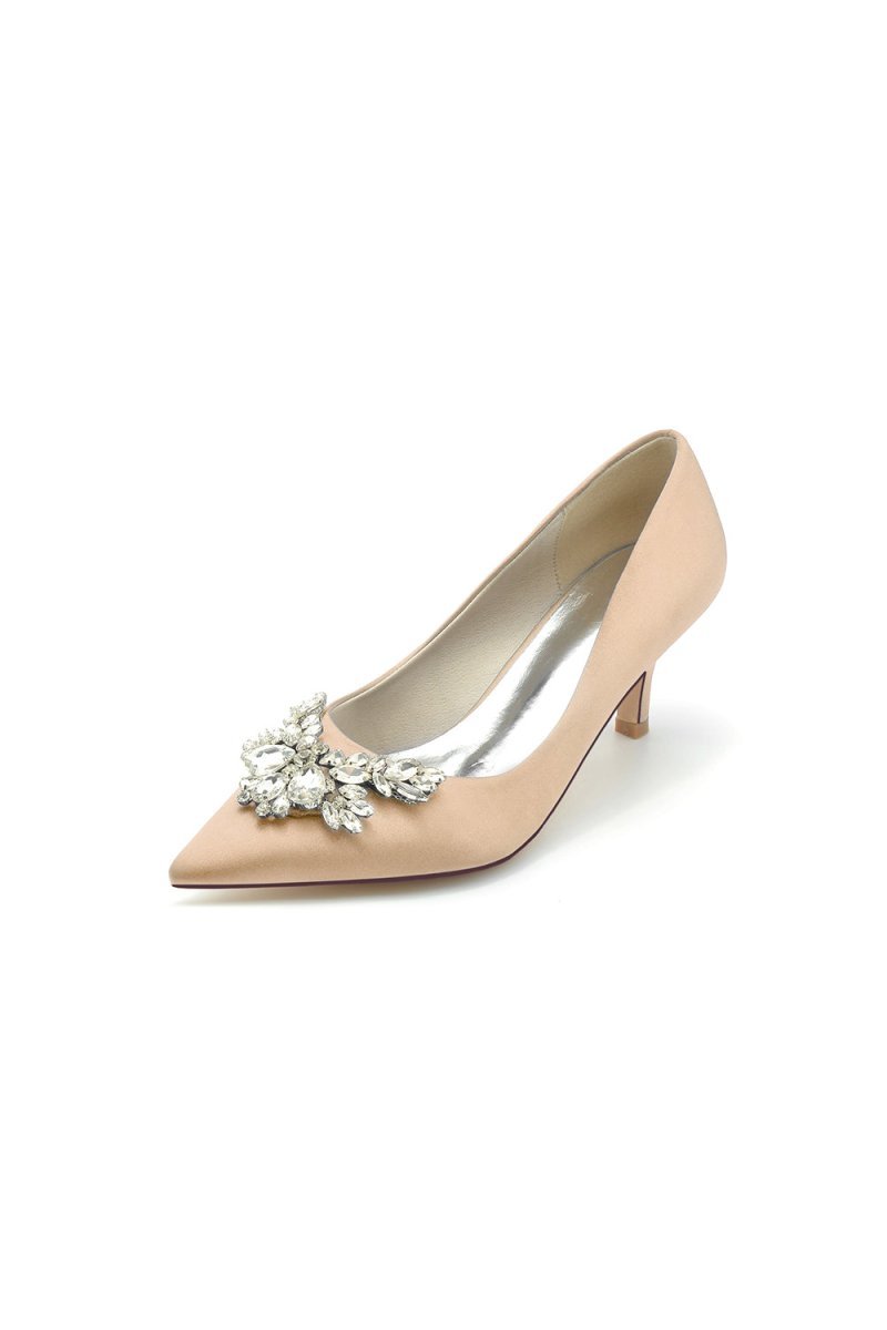 Rhinestone Pointed Toe Satin Kitten Heels - BOLODOO