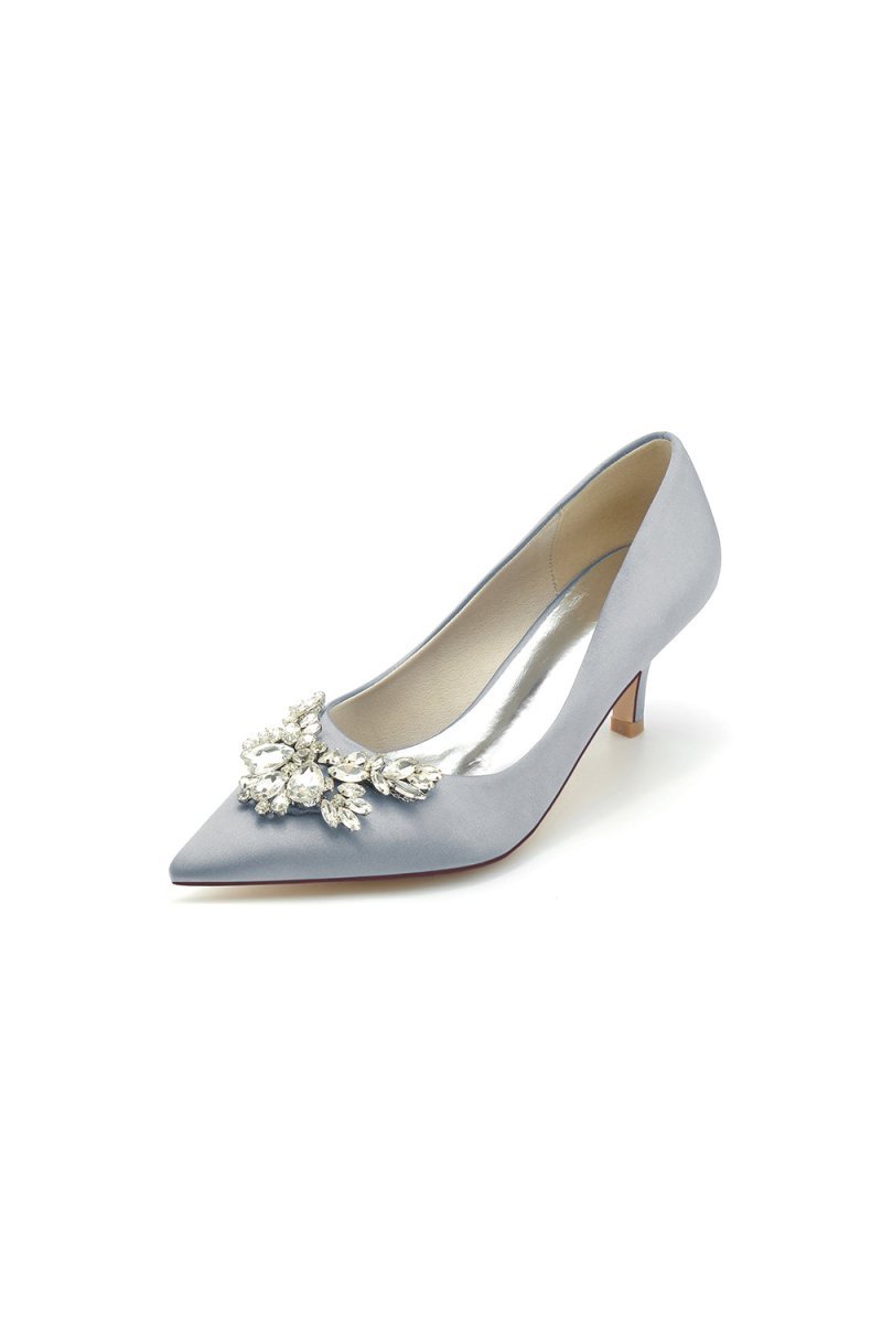 Rhinestone Pointed Toe Satin Kitten Heels - BOLODOO