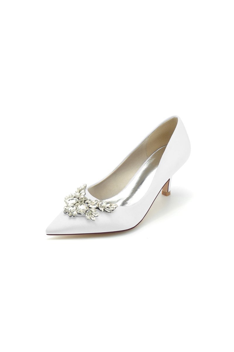 Rhinestone Pointed Toe Satin Kitten Heels - BOLODOO