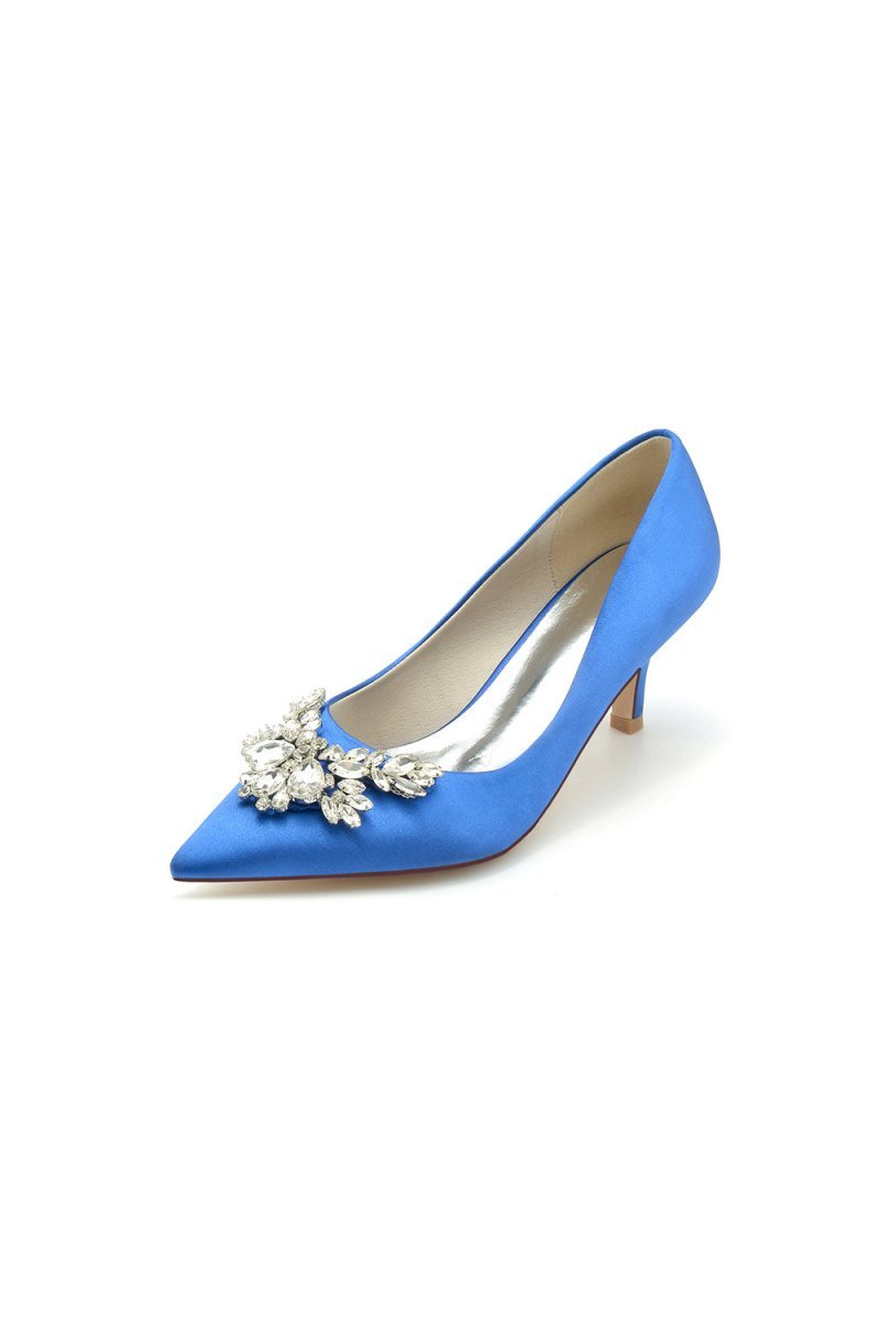 Rhinestone Pointed Toe Satin Kitten Heels - BOLODOO