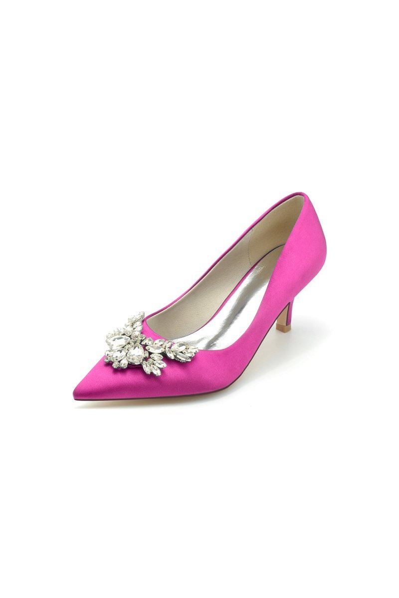 Rhinestone Pointed Toe Satin Kitten Heels - BOLODOO