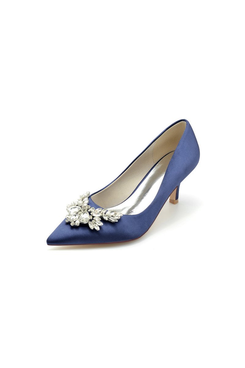 Rhinestone Pointed Toe Satin Kitten Heels - BOLODOO