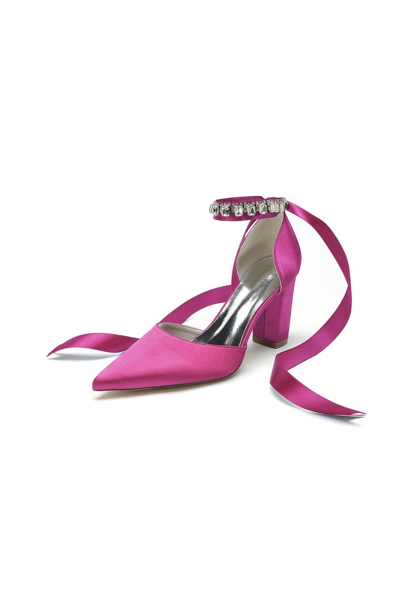 Rhinestone Ribbon Pointed Toe Ankle Strap Chunky Heel - BOLODOO