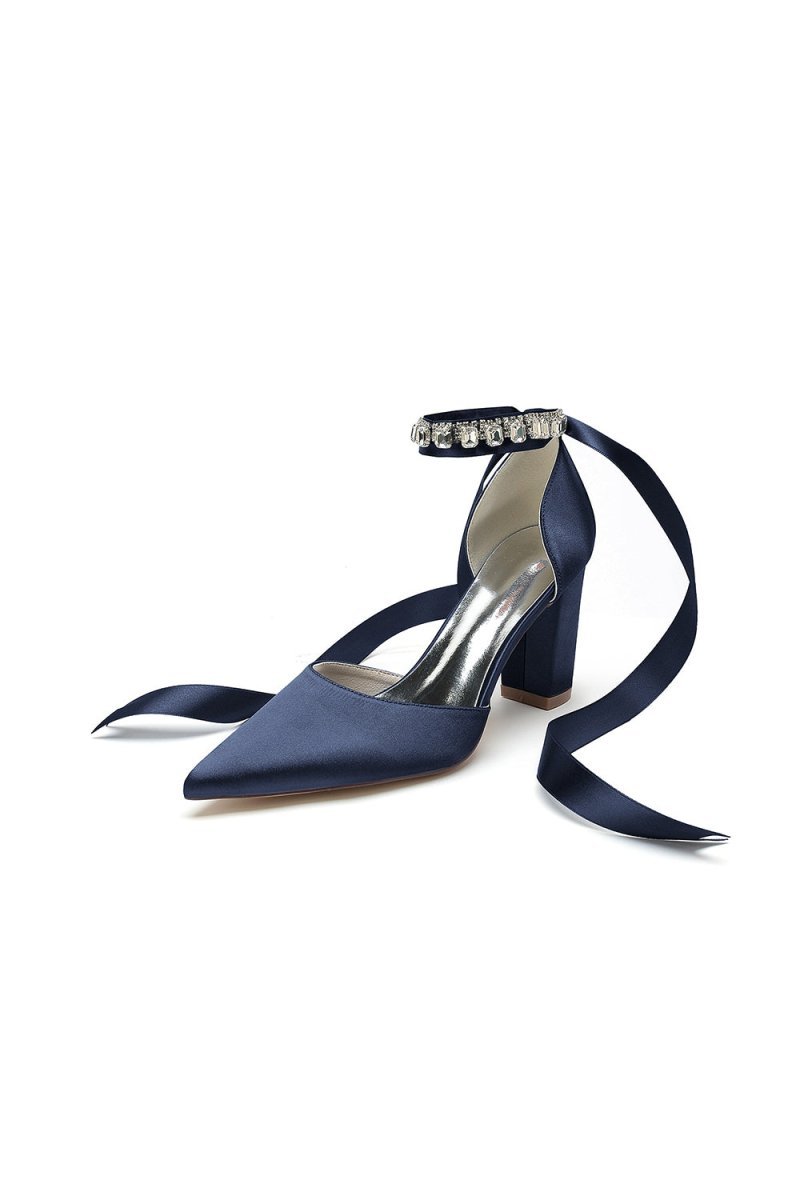 Rhinestone Ribbon Pointed Toe Ankle Strap Chunky Heel - BOLODOO
