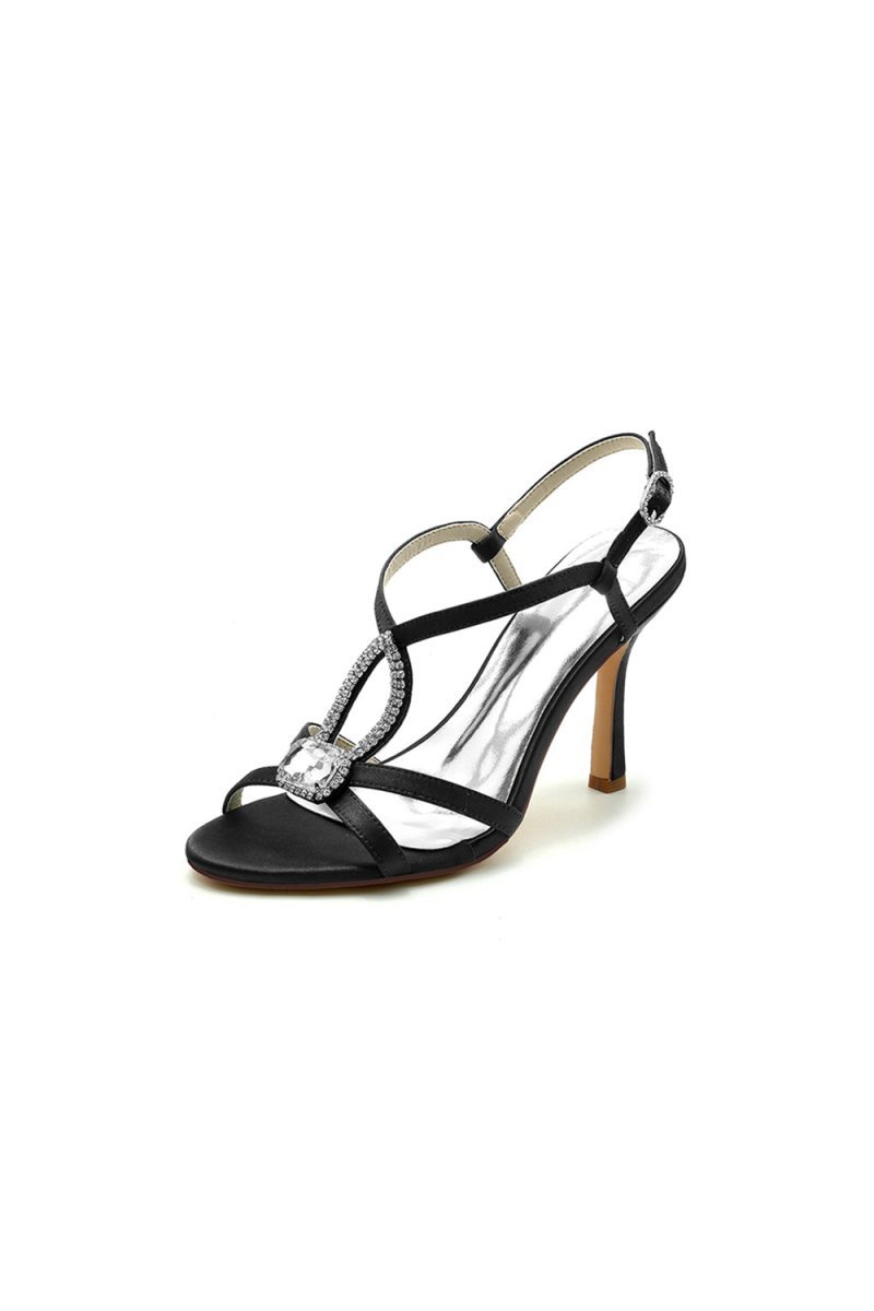 Rhinestone Satin Open Toe High Heels - BOLODOO