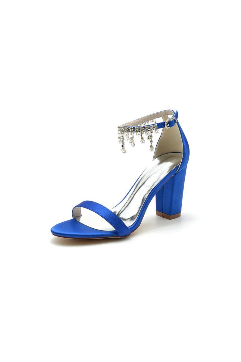 Open Toe Block Heels with Rhinestone Tassel - BOLODOO